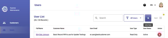 Users 
Maintenance 
User List 
(26 / 26 Records ) 
FLAI Name 
Users 
Billy Bob Johnson 
Q 
User Email 
Search 
Customer Name 
Basic Record 999 to use for Update Testings 
All Users 
user Type 
Read Only 
User Status 